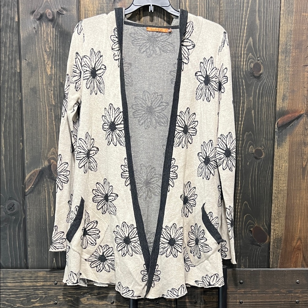 Belldini Hooded Cardigan M Cream Black Floral Boho Open Pockets Viscose Stretch